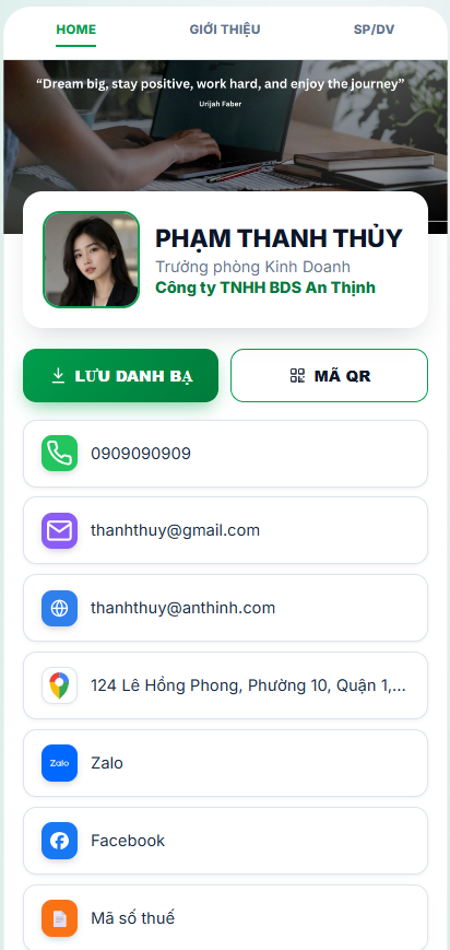 Giao diện danh thiếp điện tử E-Card